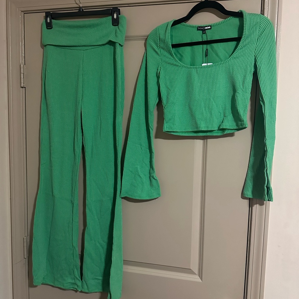 Fashion Nova Green Ribbed Wide Leg Pants & Top Set